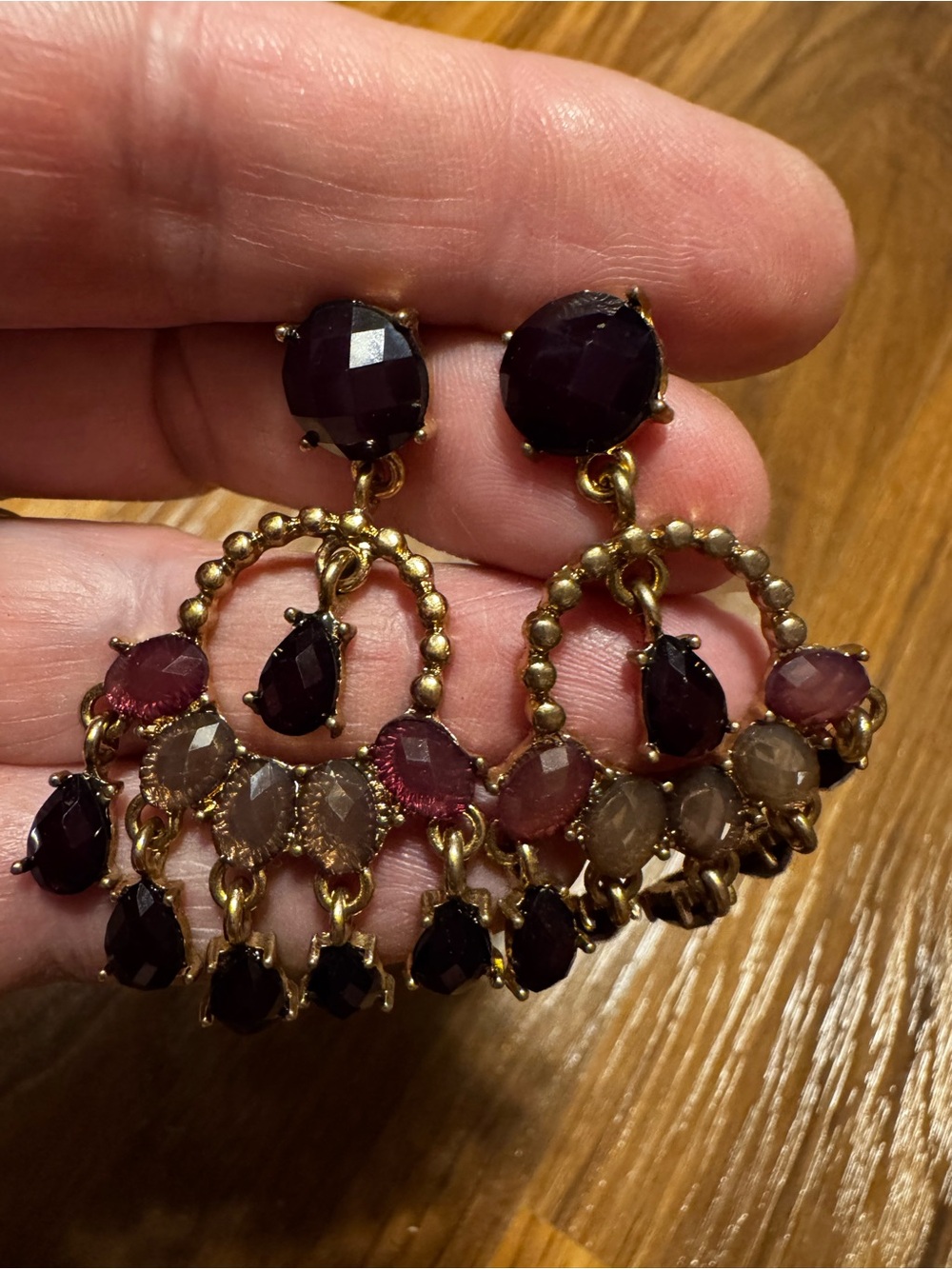 Vintage Gold-Tone Dangle Earrings with Deep Purple and Rose Gemstones